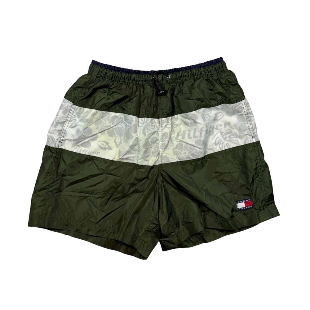 VTG Y2K Tommy Hilfiger Swim Trunks Mens M Green Tropical Bathing Suit Shorts 90s